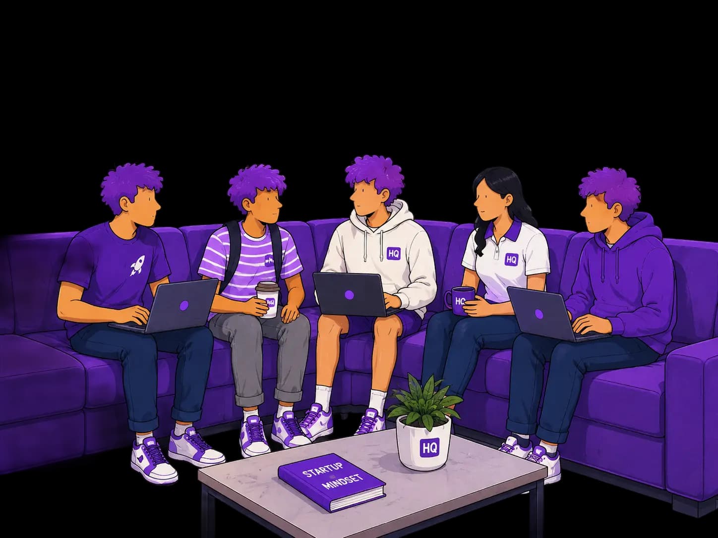 Founders hanging out on a sofa building together