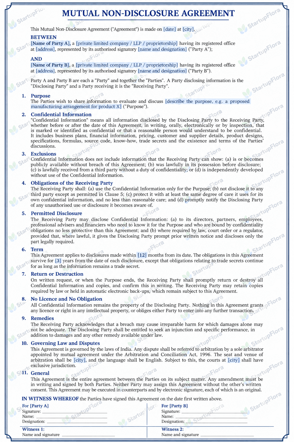 Mutual Non-Disclosure Agreement (NDA) format with StartupFlora watermark, confidentiality clauses, legal terms, and signature sections for business use.